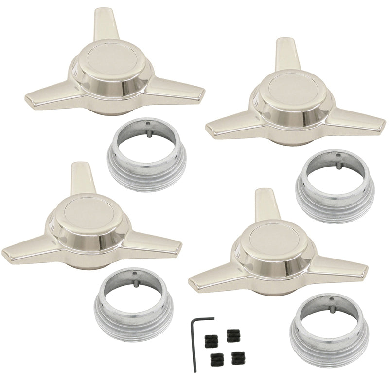 CHROME WHEEL CENTER KNOCK-OFFS / 3 SPOKE SPINNERS, SET OF 4