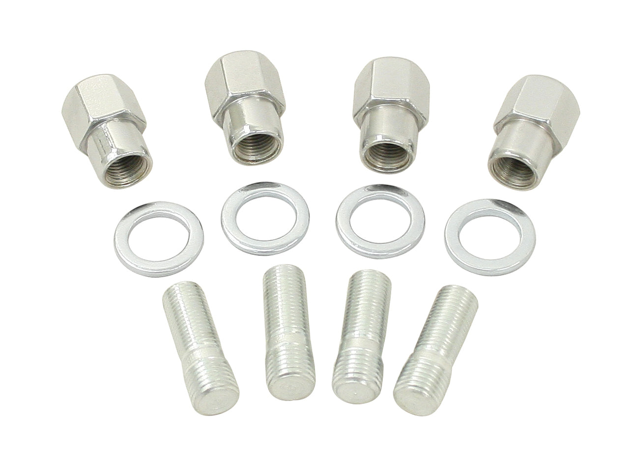 CHROME NUT & STUD KIT, W/ FLAT WASHERS, M14-1.5 to 1/2-20, (4 PR)