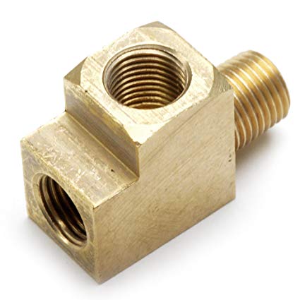 BRASS T FITTING FOR GAUGES, MALE 1/8" NPT X 2 FEMALE 1/8" NPT'S, EACH